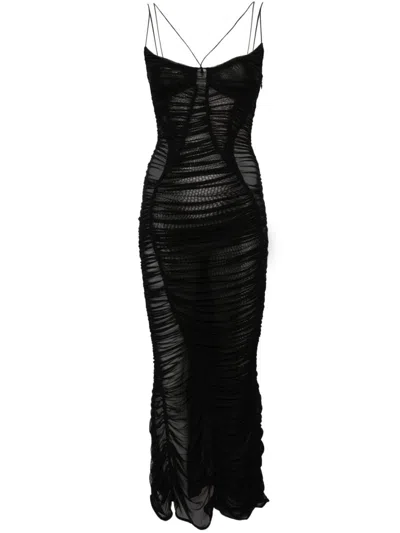 MUGLER BACKLESS RUCHED MESH GOWN WOMAN BLACK IN POLYAMIDE