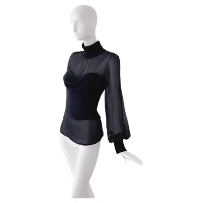 Pre-owned Mugler Beautiful  Blouse Black Semi Sheer Top Wool Collar Cuffs Sexy
