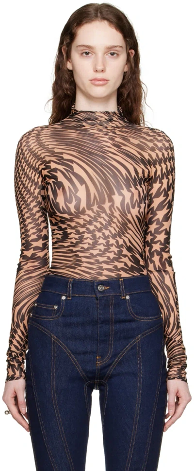 Mugler Flocked Star Illusion Turtleneck Top In Black/beige