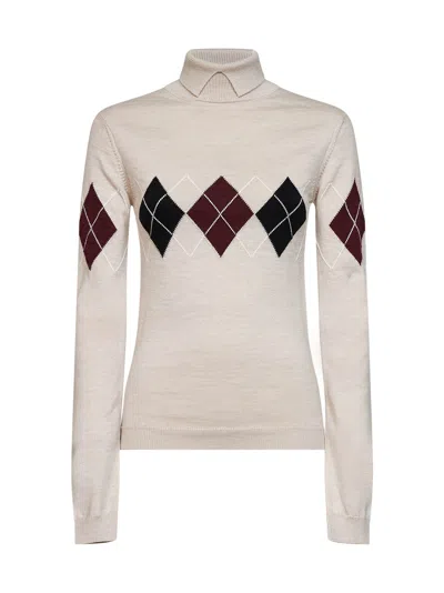 Mugler Beige Argyle-pattern Virgin Wool Knit Turtleneck Sweater