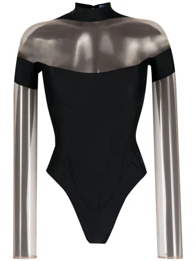 Mugler Illusion Logo-plaque Bodysuit In Black