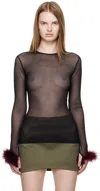 Mugler Black Marabou Mesh T-shirt In Brown