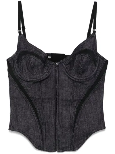 MUGLER BLACK MESH-PANELLED CORSET TOP