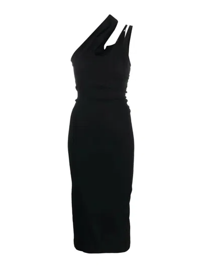 Mugler Viscose Crepe One Shoulder Midi Dress In Black