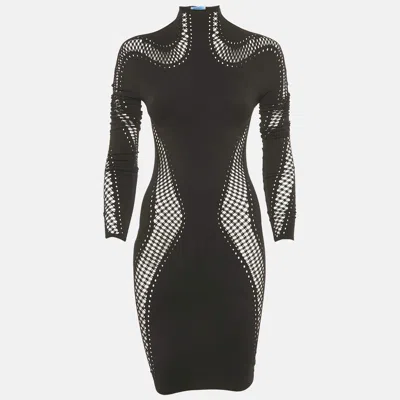 Mugler Black Nylon Knit Perforated Detail High Neck Bodycon Dress