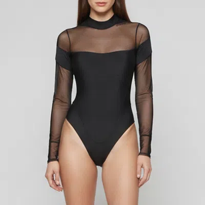 Pre-owned Mugler Black Nylon Paneled Long Sleeve Bodysuit L