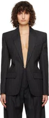 Mugler Black Pinstripe Pierced Tailored Blazer In Bg99 Black On Grey