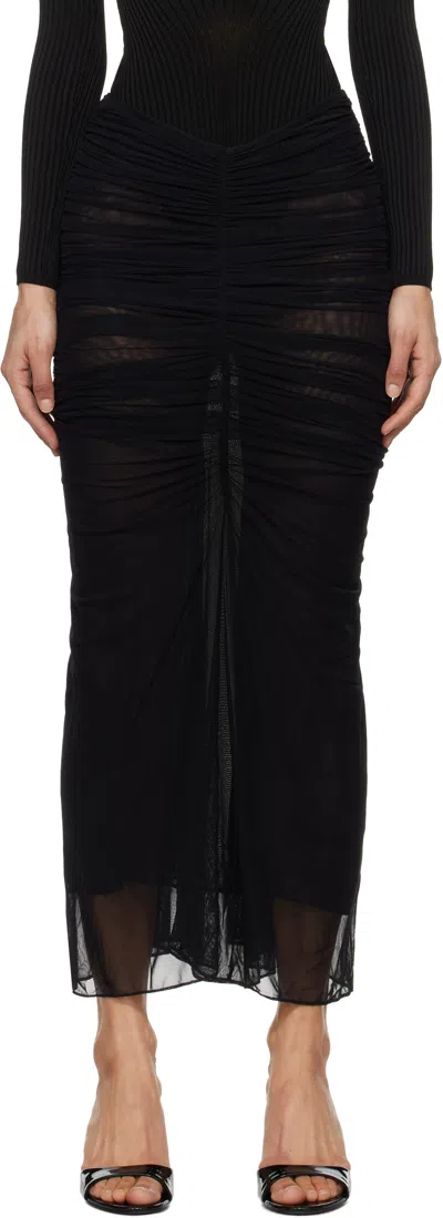 MUGLER BLACK RUCHED MESH MIDI SKIRT