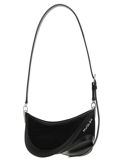 MUGLER BLACK SMALL DENIM SPIRAL CURVE 01 SHOULDER BAG