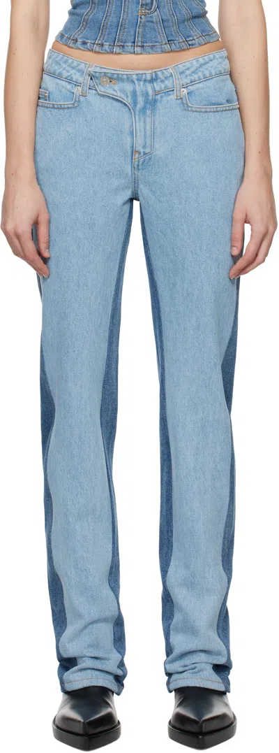 Mugler Blue Bi-tone Straight Leg Jeans In Tbdt Tokyo Blue/dark