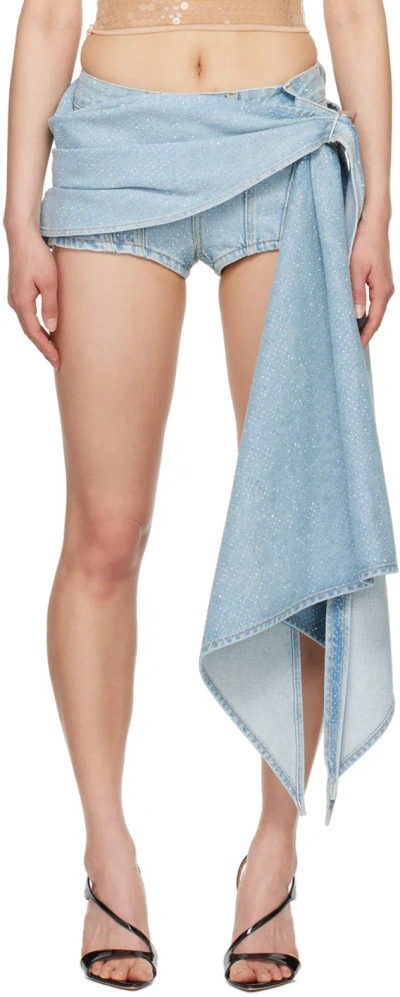 Mugler Blue Draped Denim Shorts In 2905 Light Blue