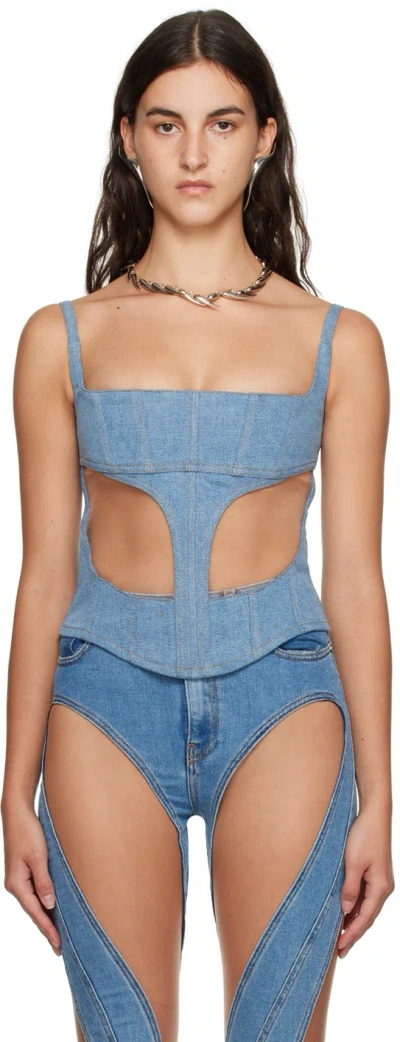 Mugler Blue Illusion Denim Tank Top In B6401 Medblue/nude01