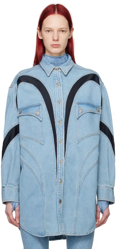 Mugler Blue Paneled Denim Shirt In B0599 Light Blue/bla