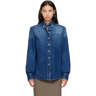 Mugler Blue Washed Denim Power Shirt In 6242brushed Blue Was