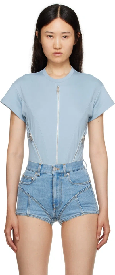Mugler Blue Zip Bodysuit In 2905 Light Blue