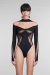 Mugler Panelled-mesh Jersey Bodysuit In Black