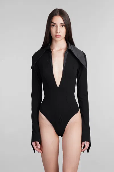 Mugler Black Spiky Satin Collar Bodysuit In Black  