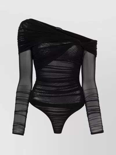 Mugler Bodysuit One-shoulder Long Sleeves In Black