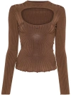 MUGLER BROWN CUT-OUT RIBBED-KNIT SWEATER