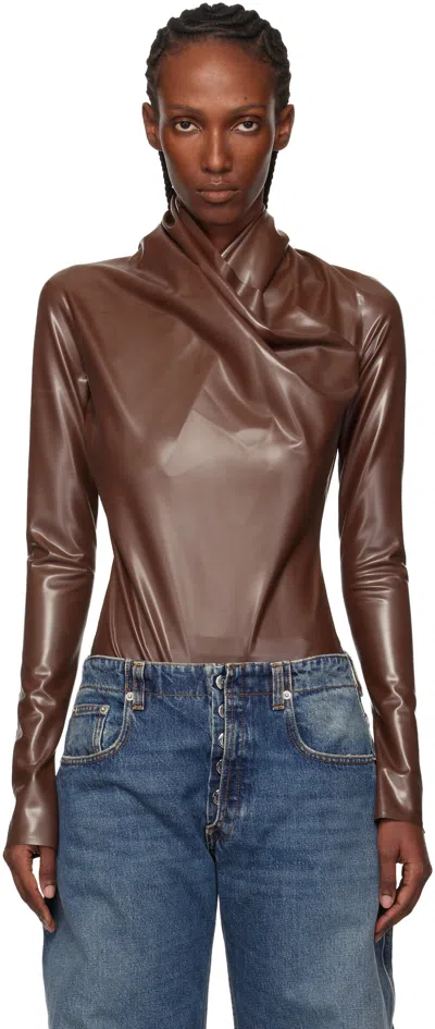 Mugler Brown Latex Scarf Bodysuit