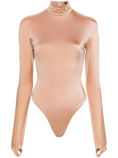 Mugler Logo-lettering Mock-neck Bodysuit In Brown