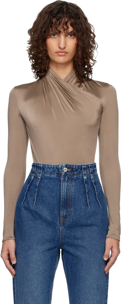 Mugler Long Sleeve High Neck Bodysuit In Neutral