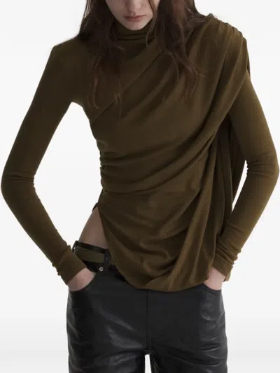 Mugler Draped Top Long Sleeves Asymmetric Hem Cutout In Brown