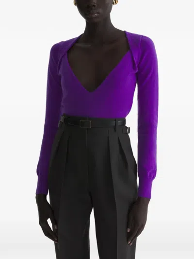 Mugler Cashmere V-neck Knit Top In Purple
