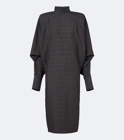 Mugler Checked Draped Midi Dress In Brown