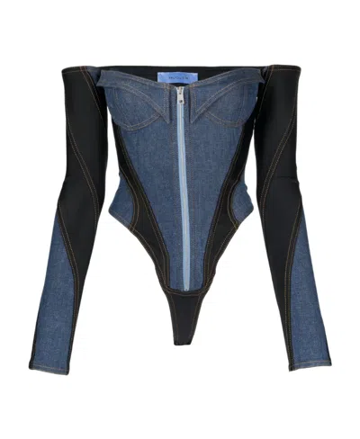 Mugler Corset Denim Bodysuit In Black