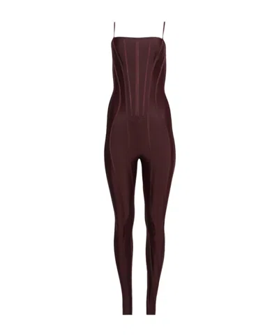 Mugler Corset Sleeveless Jumpsuit In Burgundy