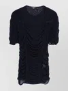 Mugler Crew Neck Mesh Top With Ruched Detailing In Black