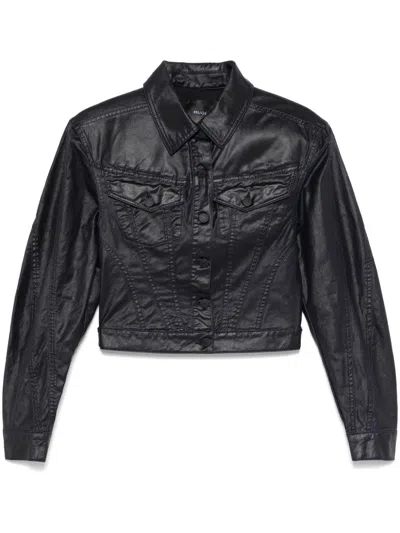 MUGLER CROPPED MIDNIGHT BLUE WAX-EFFECT JACKET