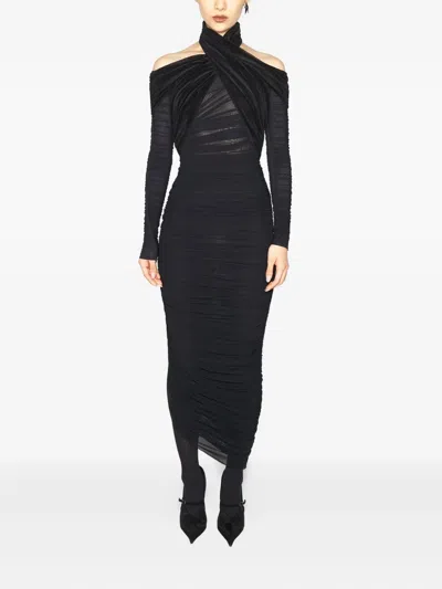 Mugler Cross-neckline Draped Midi Dress In Black