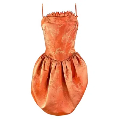 Pre-owned Mugler Cruise 1999 Thierry  Orange Coral Jacquard Corset Boned Bubble Dress In Red