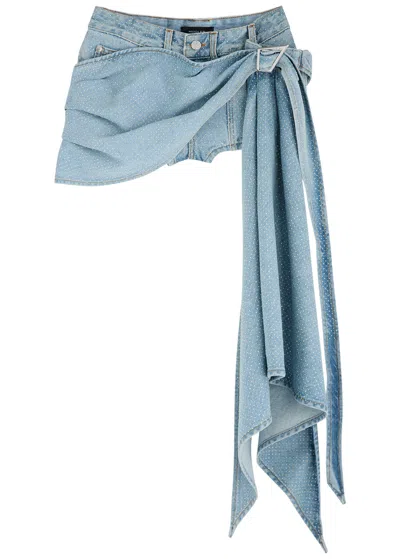 Mugler Draped Crystal-embellished Organic Denim Shorts In Light Blue