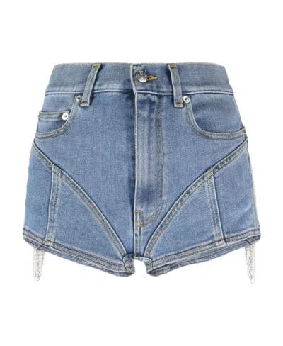Mugler Crystal-embellished Panelled Denim Shorts In Blue