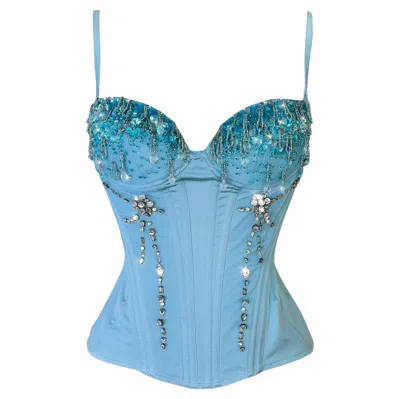 Pre-owned Mugler Crystal Teardrop Corset Top Rhinestone Corsage In Blue