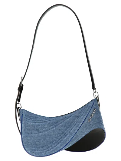 Mugler Denim And Leather Crescent Shoulder Bag In Blue