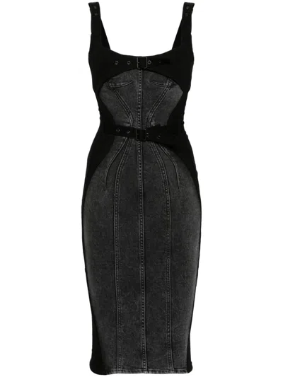 Mugler Denim Buckled Midi Dress In Schwarz