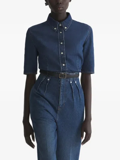 Mugler Denim Fitted Short Sleeve Shirt Woman Blue
