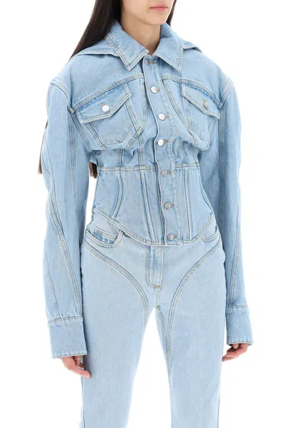 Mugler Denim Jacket With Corset Detail In Blue
