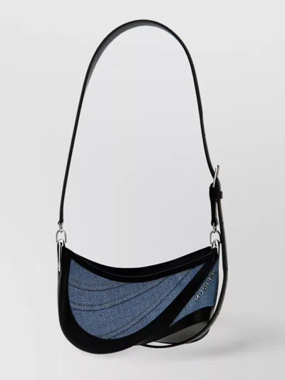 Mugler Denim Spiral Curve Shoulder Bag In Black