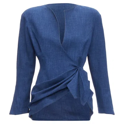 Mugler Drape Curved Collar Power Blazer Jacket In Blue