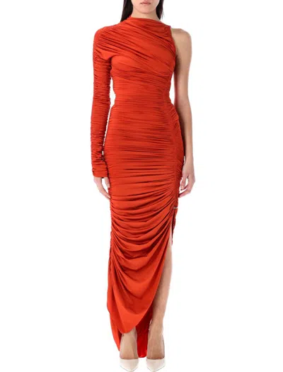 Mugler Draped Long Dress In Rust