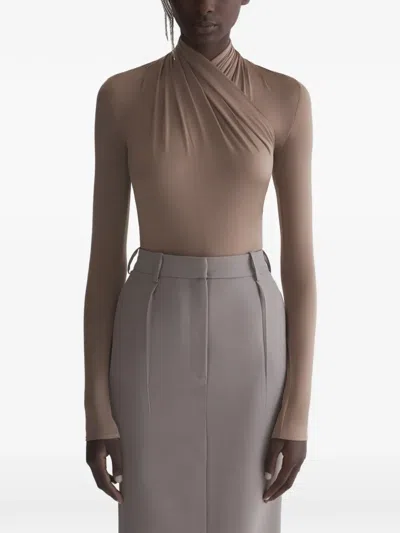 Mugler Draped Long-sleeve Bodysuit In Brown