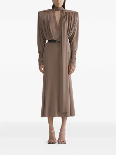 Mugler Draped Long-sleeve Dress In Brown