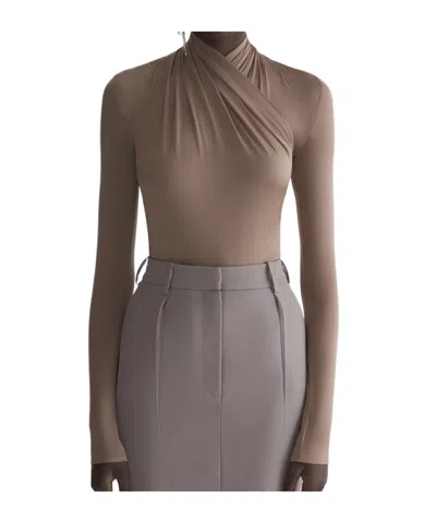 Mugler Draped Long-sleeve Bodysuit In Brown