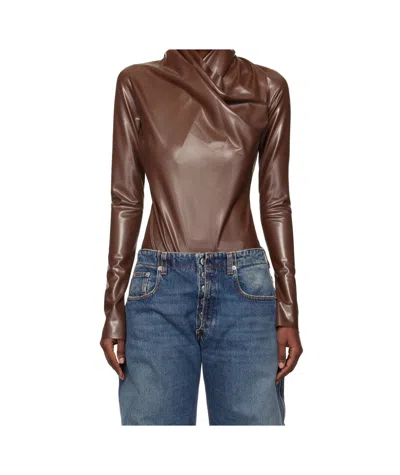Mugler Draped Long-sleeved Top In Brown