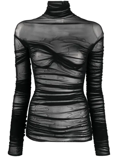 Mugler Draped Mesh Top In Black